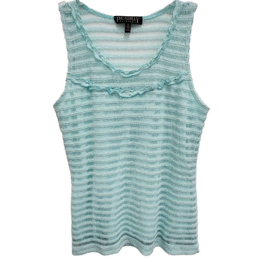 Picadilly Womens Tank Top Size Small Blue Crochet Sheer Striped Minimalist Fairy